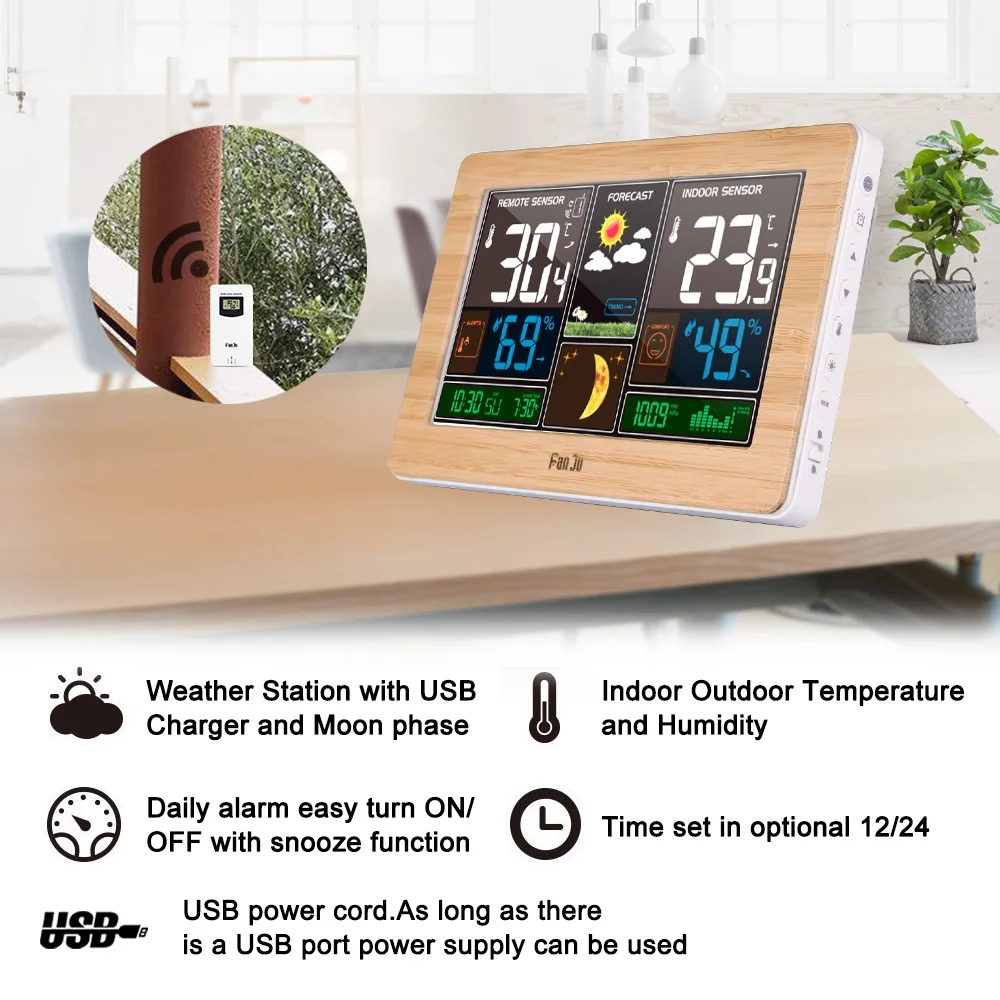 FanJu FJ3378 Digital Alarm Clock Wall Weather Station Indoor Outdoor Temperature Humidity Barometric Forecast Electronic Wat 2