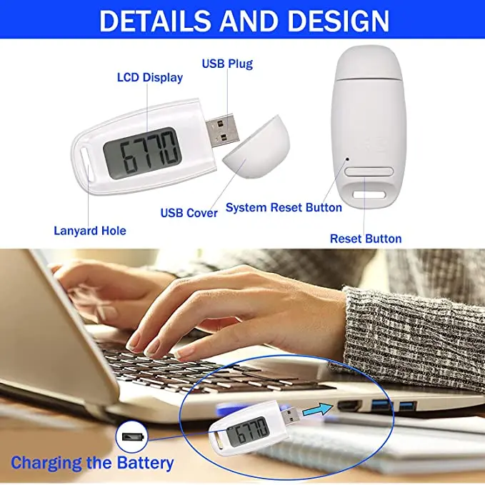 Precision Fitness Tracker with USB Charging, 3D Step Counter, Clip, and Lanyard
