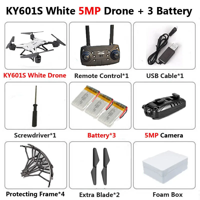 Профессиональный складной Дрон KY601S с камерой 5MP HD Wi-Fi FPV широкий угол удержания высоты RC Квадрокоптер Вертолет игрушка E58 SG106 - Цвет: White 5MP  3B Foam