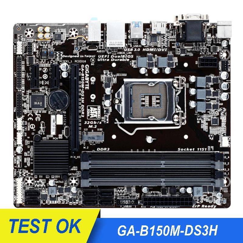 Для Gigabyte GA-B150M-DS3H материнская плата LGA 1151 B150M-DS3H Core i7 i5 i3 DDR3 32G SATA3 USB3.0 HDMI M.2 Б/у для