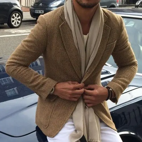 Tailor-Made Elegant Brown Tweed Men's Jacket Winter Herringbone Blazer Hombre Male Slim Fit Costume Homme Masculino Made