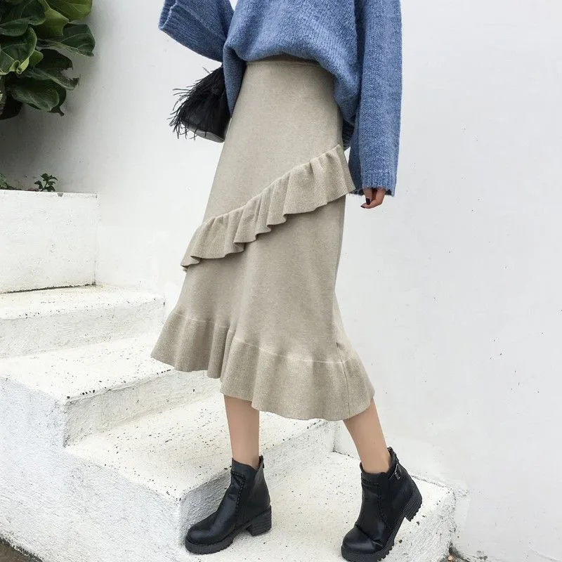 Осень зима 2019 женские элегантные трикотажные юбки Корейская Однотонная юбка с