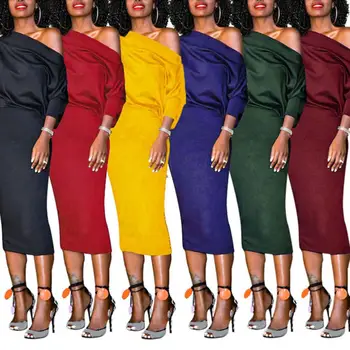 

Office Lady Women Dresses Evening Party Sexy Solid Color Off Shoulder Women Bodycon Midi Dress Below Knee Dress