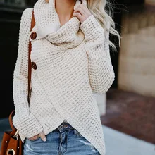 Осень-зима, женский модный вязаный свитер на пуговицах, свободные пуловеры, пальто, теплый свитер с высоким воротником, ассиметричный свитер размера плюс