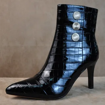 

Womens Pointy Toe Crocodile Pattern Ankle Boots PU Leather Stilettos Side Zipper Shoes Pointy Toe 3Colors Fashion New 2020