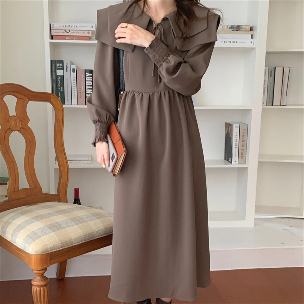 Alien Kitty Autumn Hot Women Elegant Robe Maxi Dress Prom Sailor Collar Solid 2021 Casual Minimalist Fashion High Street Gentle | Женская
