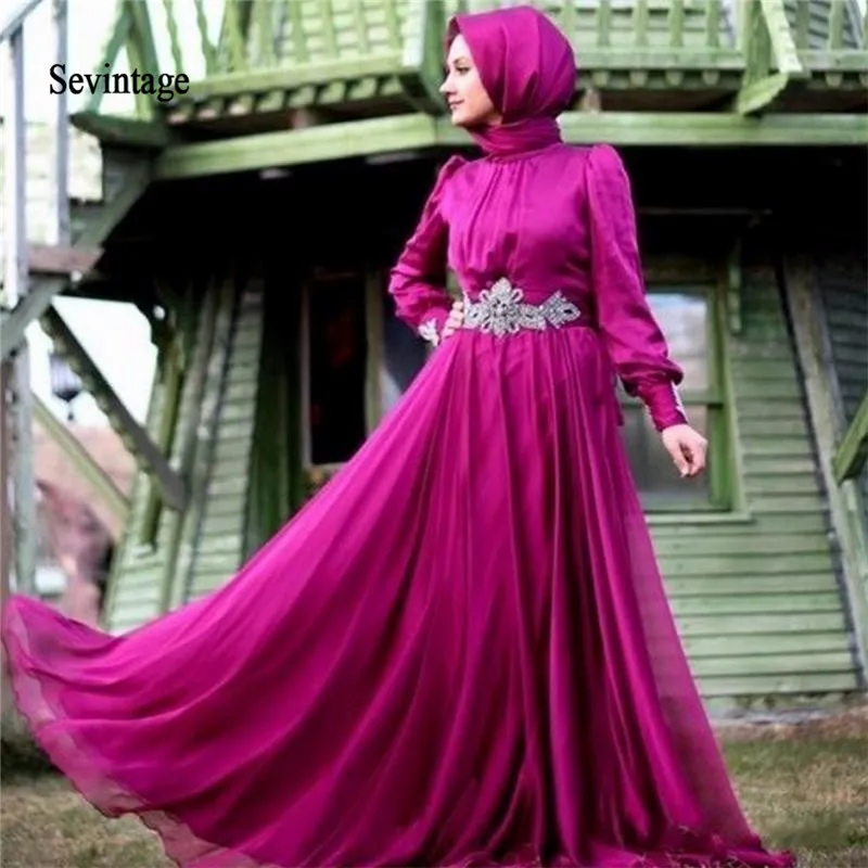 Sevintage Lange Mouwen Moslim Prom Dresses Hoge Hals Dubai Kaftan Chiffon Kralen Parels Avondjurken Saudi Arabian Abendkleider Sevintage Lange Mouwen Moslim Prom Dresses Hoge Hals Dubai Kaftan Chiffon Kralen Parels Avondjurken Saudi Arabian Abendkleider