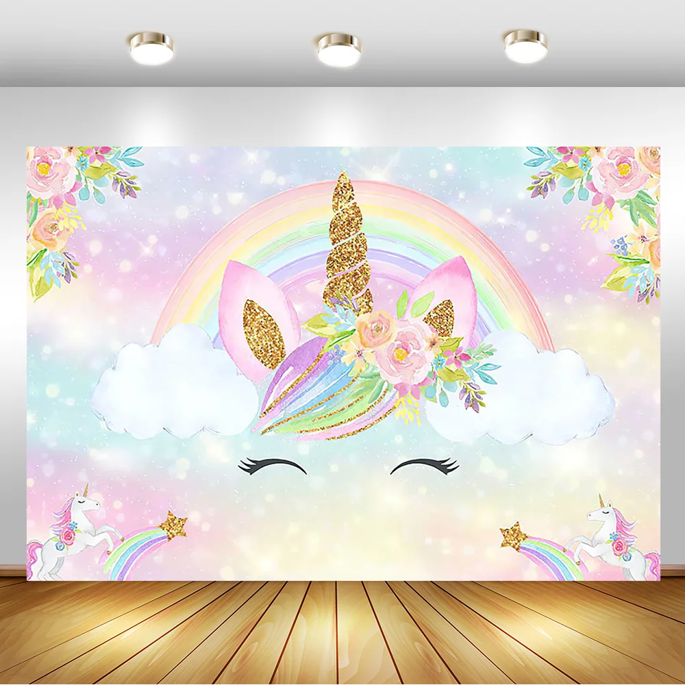 Unicorn Backdrop Bubble Glitter Birthday-Decorations Rainbow Children