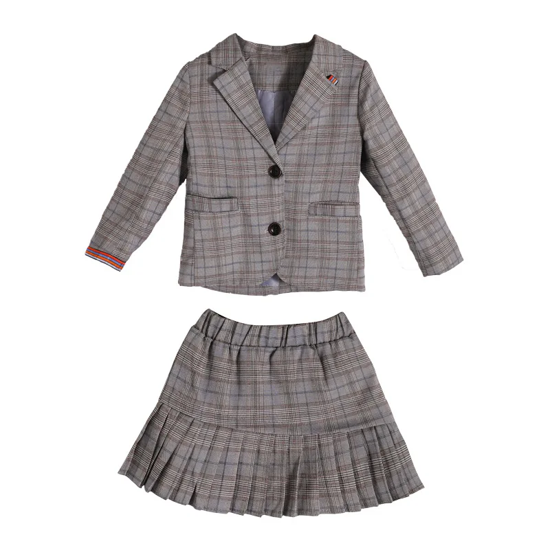 Kids girls summer 2pcs suit suit, short-sleeved plaid suit jacket + skirts new big virgin suit 4-12 years old 1