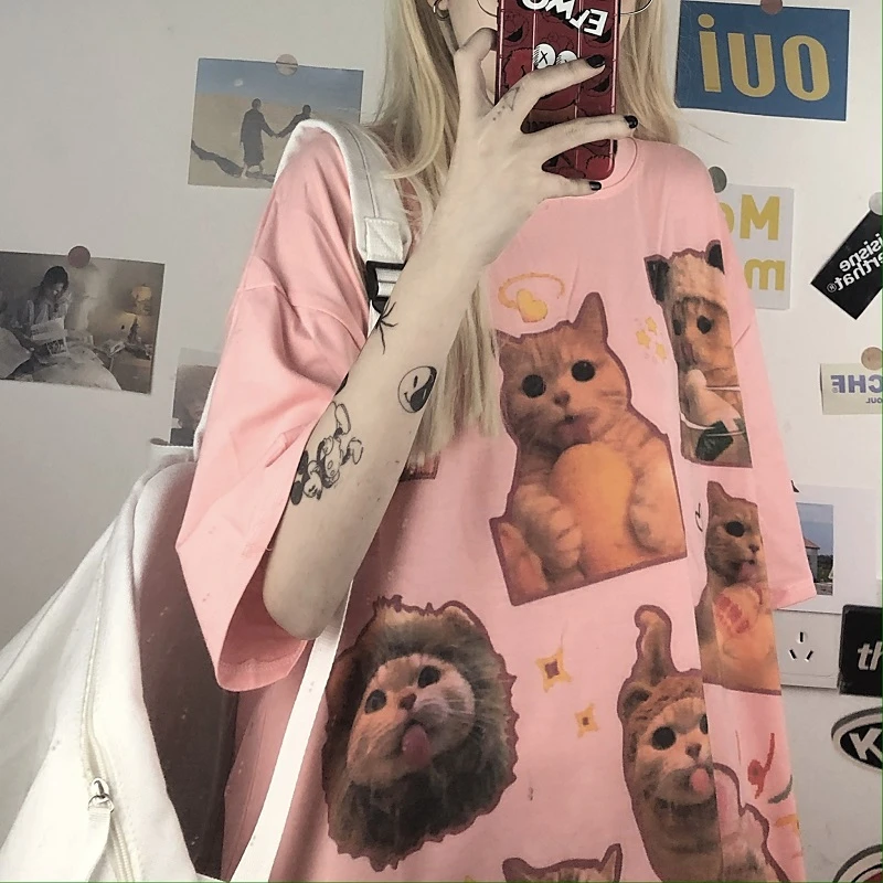 

Summer 2020 New Net Red T-shirt Female Super Fire Korean Ladies Tops Cartoon Cat Printing Loose Short-sleeve Women T Shirt Tide
