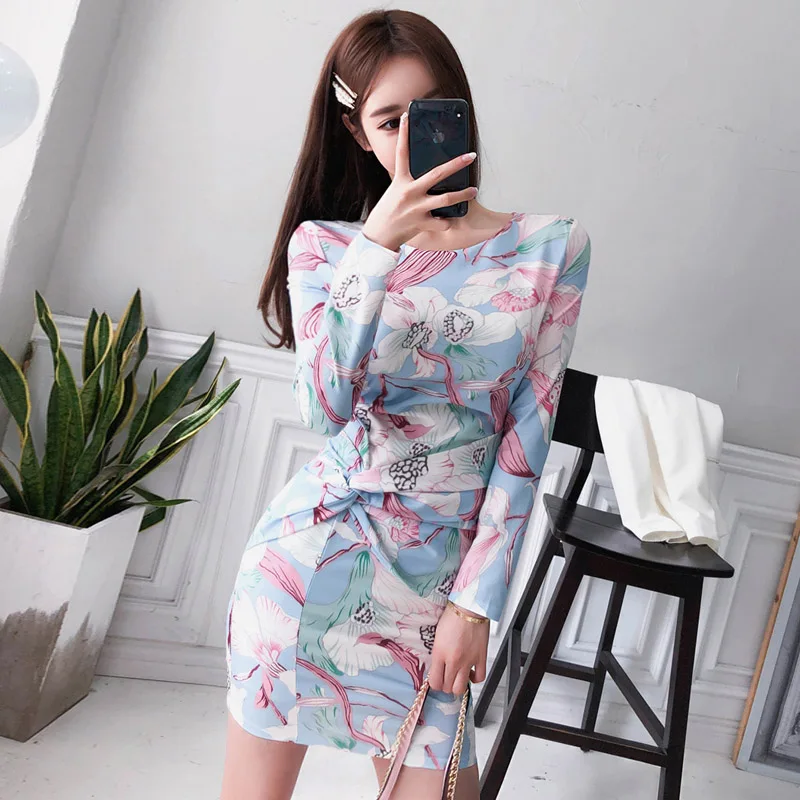 

2019 Autumn Elegant Formal Party Dress Long Sleeve Vintage Floral Print Slim Sheath Dress Winter Spring