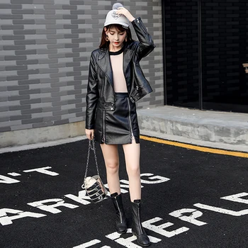 

Fp1348 2019 new autumn winter women fashion casual 2pieces set suit Good PU Leather korean winter outfits womens