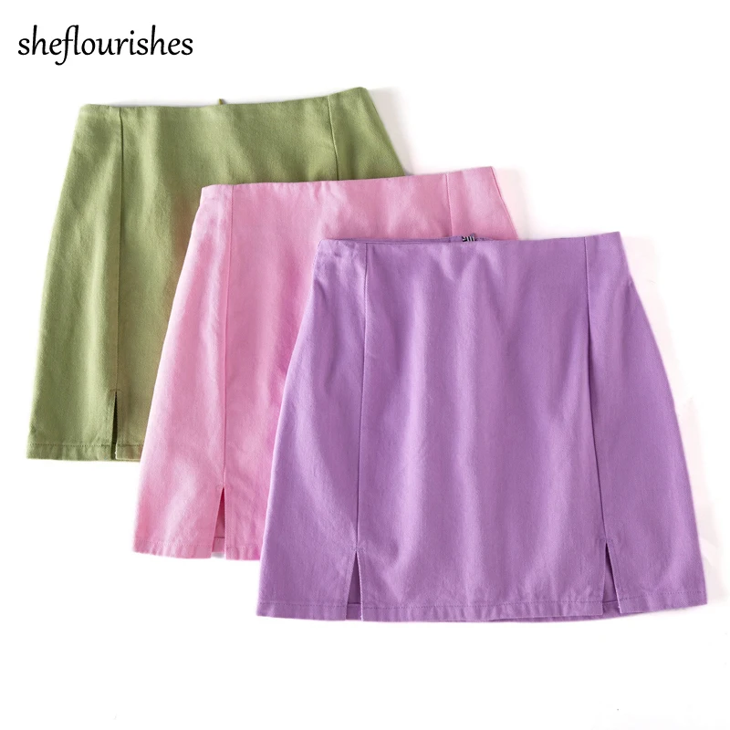 

2021 Sexy mini skirt women A line skirt casual high waist skirts korean split skirts purple zipper skirt chic pink streetwear