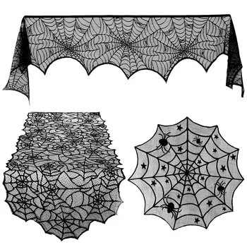 

1 Set Halloween Decoration Prop Black Lace Spider Web Fireplace Mantle Scarf Cover Tablecloth Festive Party Supplies