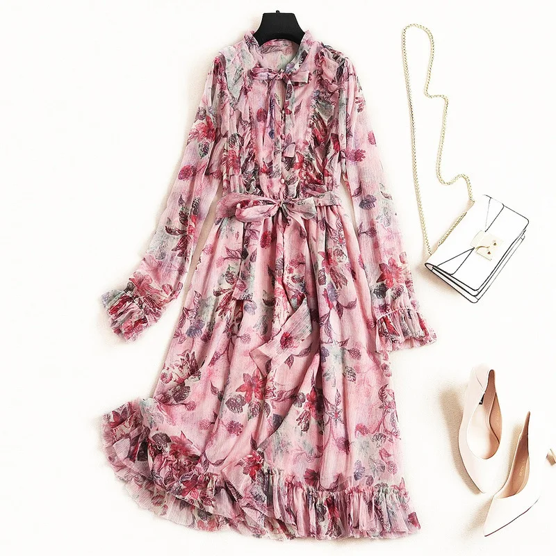 

VERDEJULIAY Runway Women Dress 2020 Summer Spring New Fashion Luxury Belt Flower Print Ruffle Long Elegant Dress Vestidos
