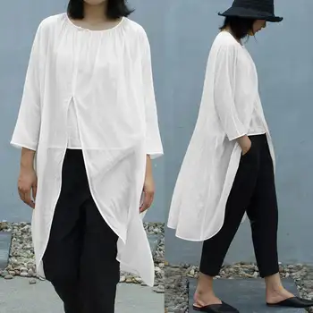 

Celmia Summer Vintage Long Shirts Women Fashion Blouses 2020 Split Asymmetrical Tunic Tops Casual Loose Solid Pleated Blusas 5XL