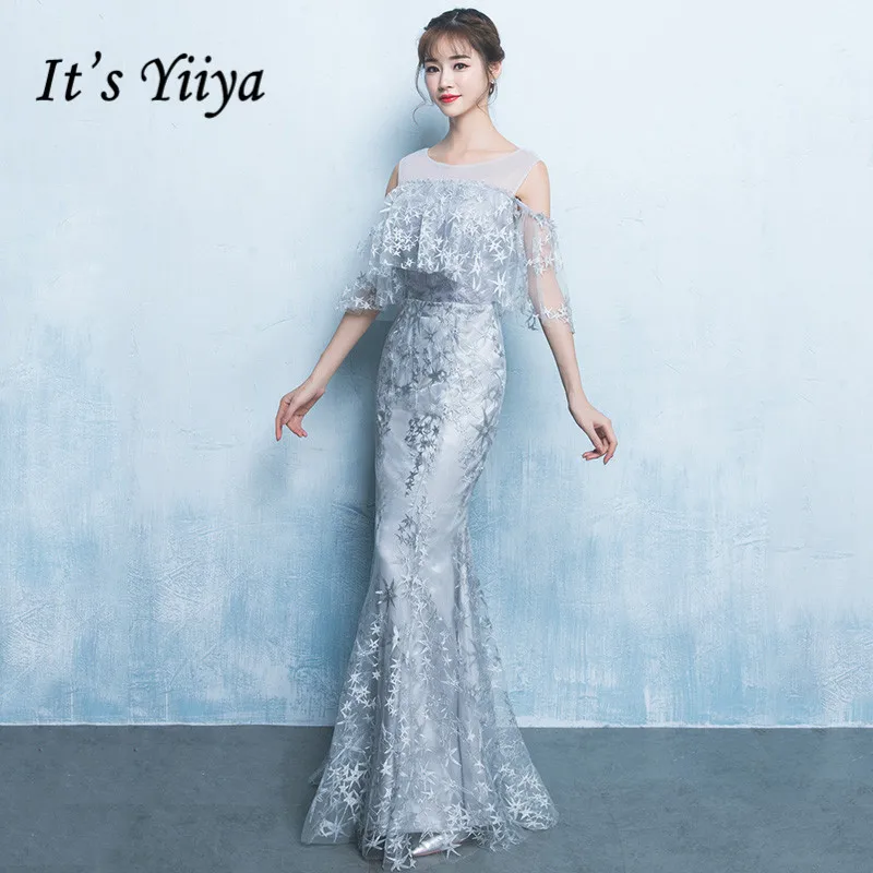 

It's Yiiya Mermaid Evening Dress Stars Embroidery Pattern Formal Gowns Eleagant Ruffles O-neck Women Dress Vestido Longo K227