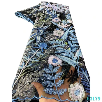 

2020 latest high quality African net lace French sequin fabric 3D embroidery sequins tulle lace for Nigerian party dress HJ3179