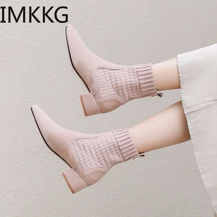 Womens Square Low Heel Ankle Boots Fashion Slip On Flock Round Toe Short Martin Booties