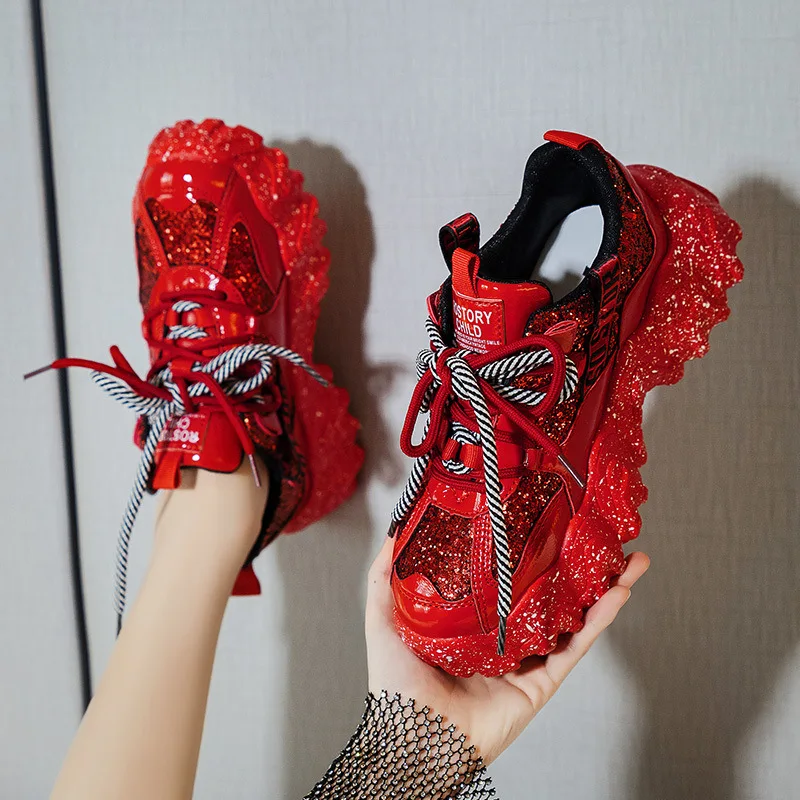 

2020 Glitter New Red Platform Sneakers Female Sneakers Women Shoes Chunky Sneakers Lace Up Designer Dad Sneakers Basket Femme