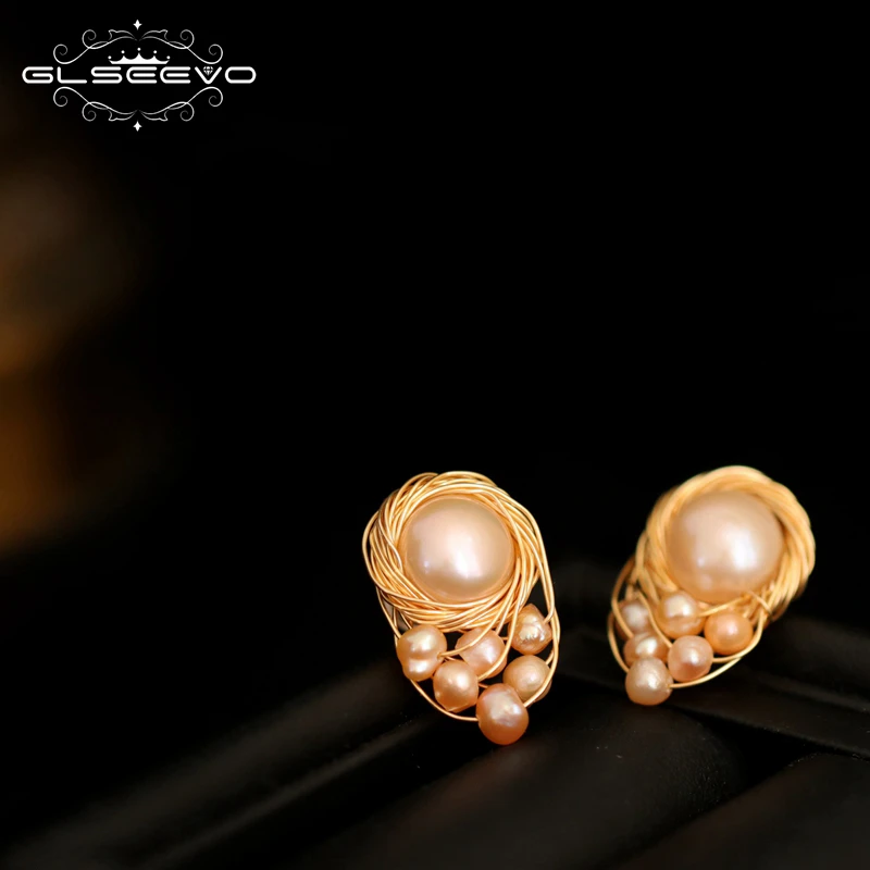 

GLSEEVO Natural Freshwater Pearl Earrings Handmade Stud Earrings For Women Girls Bridal Wedding Jewelry Pendientes Mujer GE0882