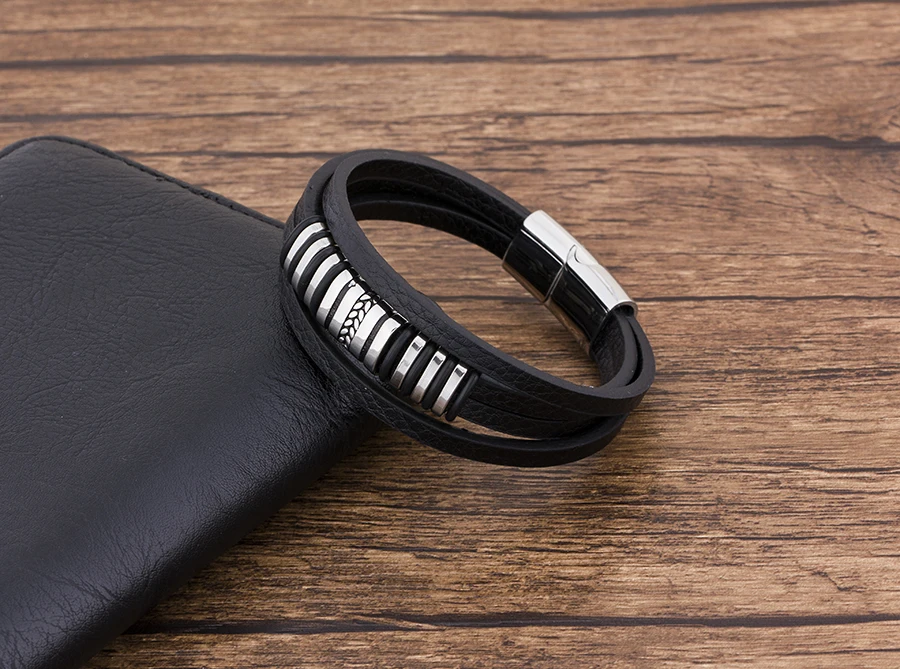 Charm Multilayer Stainless Steel Magnetic Clasp Men Bracelet Leather Bangles Rope Punk Rock Male Jewelry Accessories