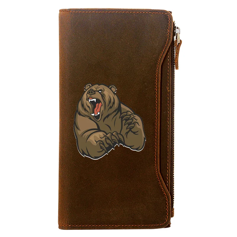 

Fashion Dangerous Bear Printing Genuine Leather Wallet Men Long Purse With Phone Bag Zipper Card Holder High Quality Clutch
