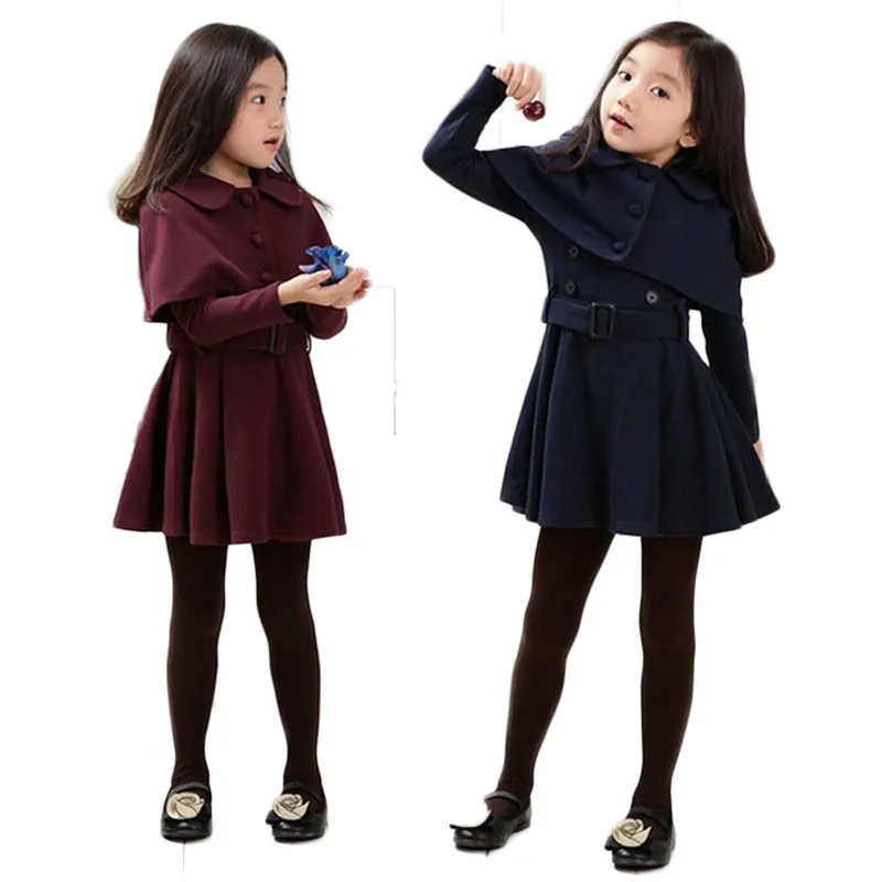 3 4 5 6 7 8 9 10 11 12 Years Teen Girls Autumn Dress with Short Cloak Solid Long Sleeve Vestidos Elegant Winter 2020 | Детская одежда и