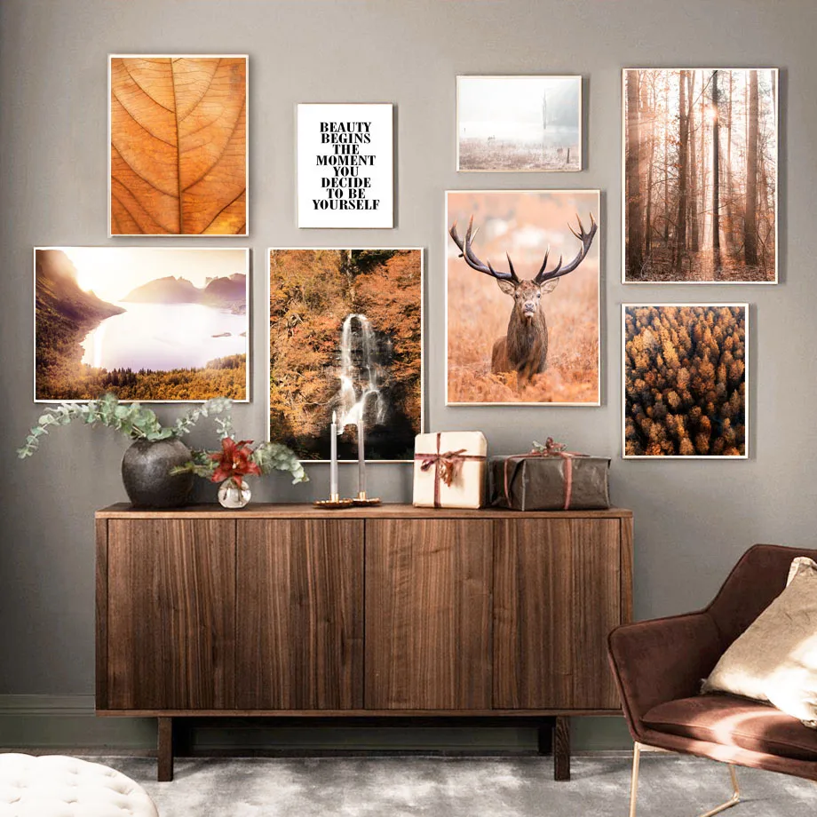 Autumn-Forest-Leaves-Lake-Waterfall-Deer-Wall-Art-Canvas-Painting-Nordic-Posters-And-Prints-Wall-Pictures
