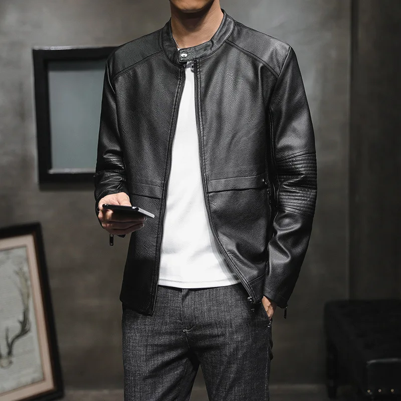 

2020 Spring Leather Jacket Men's Korean-style Casual Slim Fit plus Velvet PU Leather Coat Men's Stand Collar Trend Youth Men'S W