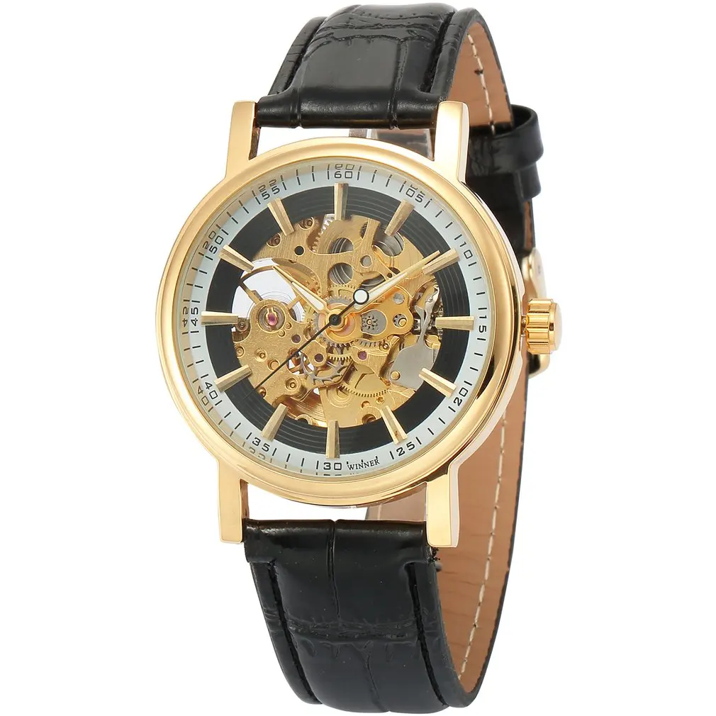 

Gold Shell Hollow White Inner Shadow Black Surface Black Belt Mechanical Watch Fashion Watches Wristwatch