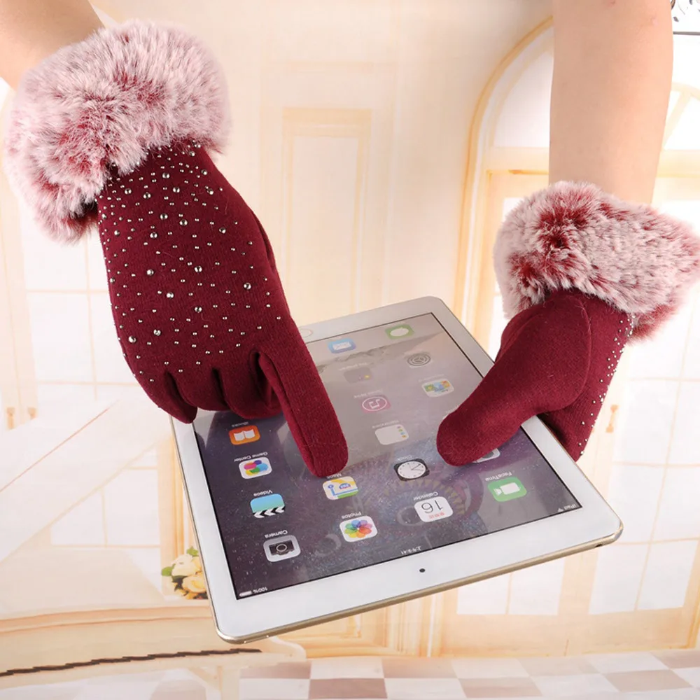 Женские зимние перчатки с сенсорным экраном, стразы, флис, утолщенные, ветрозащитные, теплые, на открытом воздухе, полный палец, варежки, лыжные спортивные перчатки# BL30