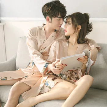 

Summer Or Autumn 2 Pieces Satin Pajamas Robe For Women And Men Sleepwear Nightdress Cardigan Set Female Fashion Homewear 2020