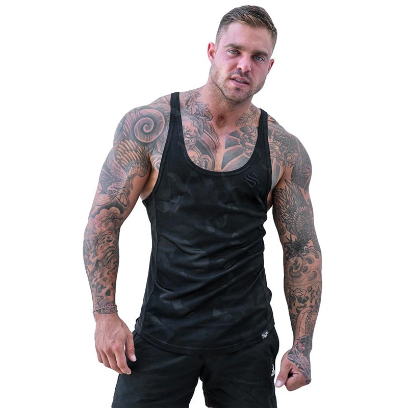 Black camouflage Брендовая камуфляжная майка без рукавов для спортзала, мужская майка для бега, летняя майка для отдыха, пляжный жилет для мужчин, для бега, тренажерного зала, тренировки, фитнеса, спорта - Цвет: Black camouflage