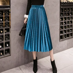 Autumn Winter Velvet Skirt High Waisted Skinny Large Swing Long Pleated Skirts Metallic Plus Size 3XL Saia