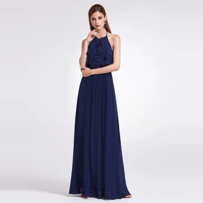Это Yiiya платье подружки невесты трапециевидной формы размера плюс шифон Vestido Madrinha Холтер воротник одноцветное платье невесты без рукавов платье C443 - Цвет: navy blue