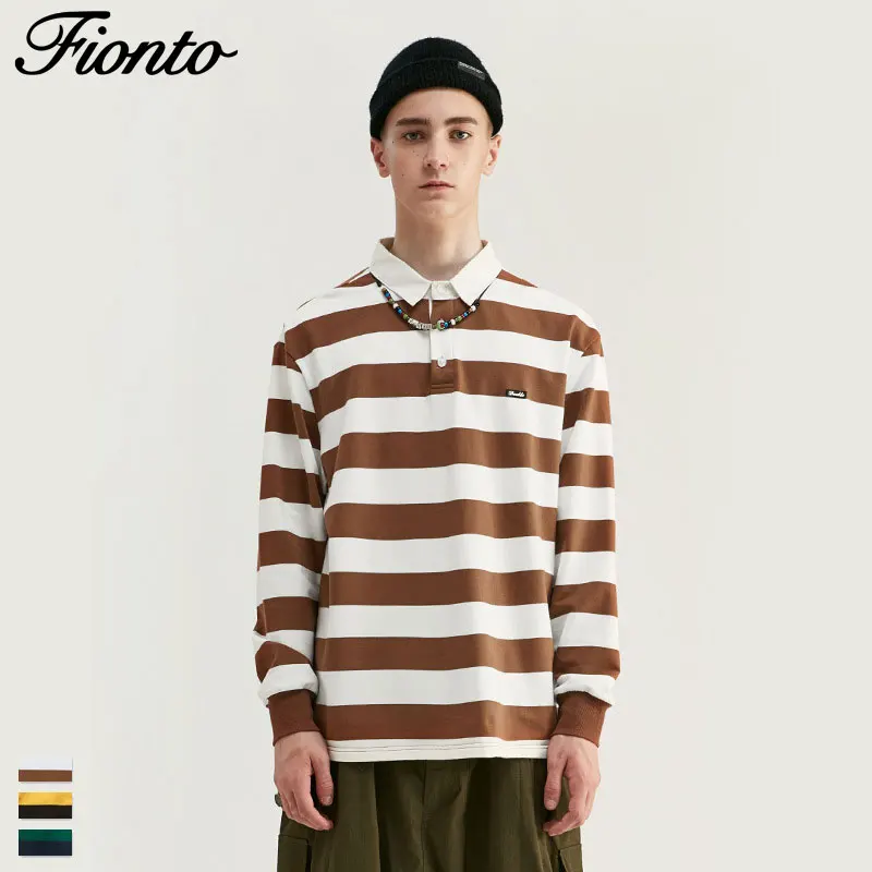 

Fionto Men's 2019 Autumn New European and American Trend Retro Street Men's Joker Stripe Loose Lapel Long Sleeve T-Shirt