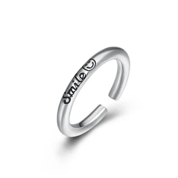

925 Sterling Silver Letter Cartoon Smiley Face Opening Ring Jewelry Women Adjustable Tail Ring