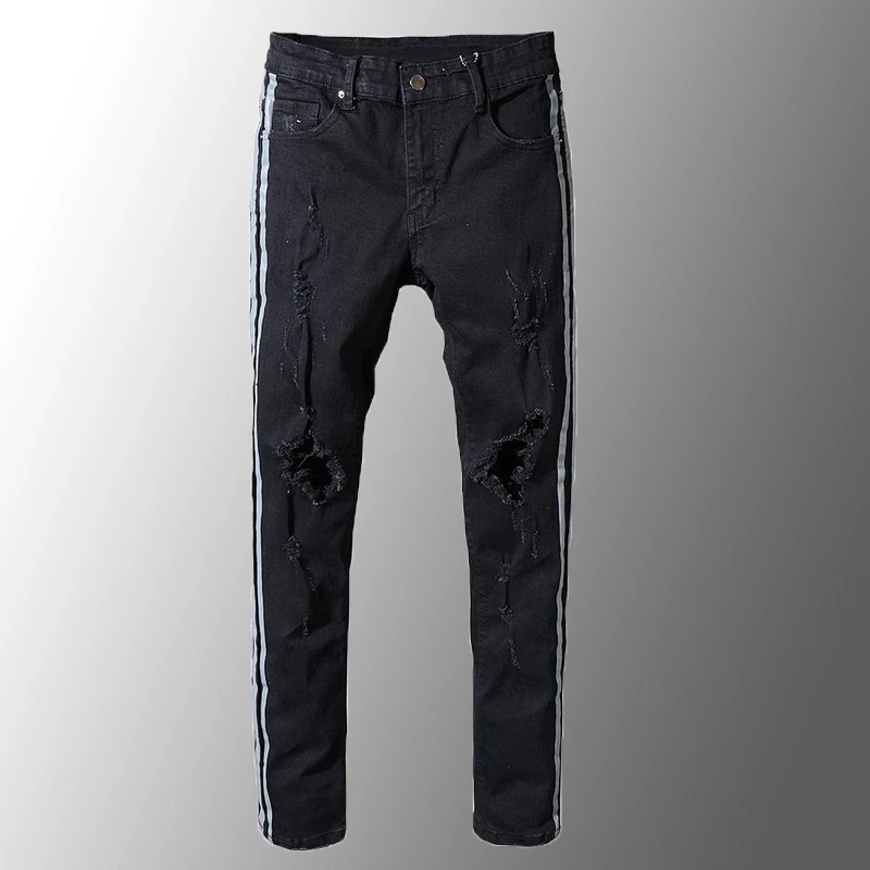

Man Luxury Men Slim Fit Stripe Patchwork Black Stretch Denim Ripped Jeans Fashion Plus Size Distressed Skinny Pants