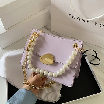 

Solid color Square Pearl Tote bag 2020 Fashion New High-quality PU Leather Women's Designer Handbag Chain Shoulder Messenger Bag