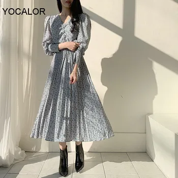 

Yocalor 2020 Vintage Women Dress V-neck Floral Print Pleated Dress Lantern Sleeve Ruched Female A-line Chiffon Dress Femme