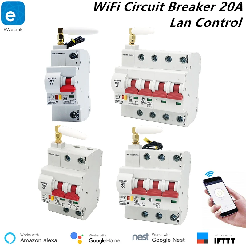

20A 1P/2P/3P/4P WiFi Smart Circuit Breaker Automatic Switch overload short circuit protection with Amazon Alexa Google home