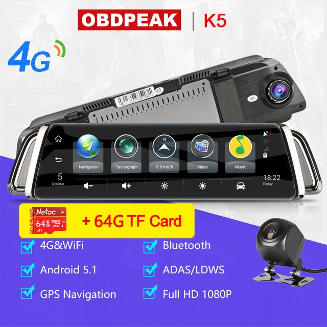 4G ADAS Автомобильный видеорегистратор Камера 1" Android SmartStream медиа зеркало заднего вида FHD 1080P камера WiFi gps видеорегистратор регистратор видео рекордер - Название цвета: 4G-Stream With 64G