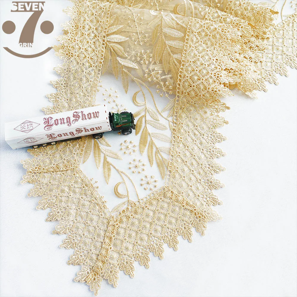 

Home Decorative Dining Banquet Birthday Festival Gold Colour Willow Leaf Pattern Embroidered Table Runner