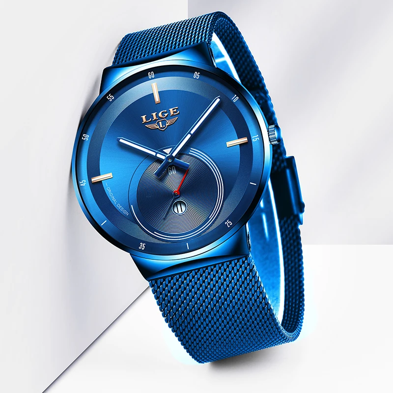 New Original Design Blue Quartz Clock LIGE Mens Watches Top Brand Luxury Watch Men Simple Full Steel Waterproof Wrist Watch