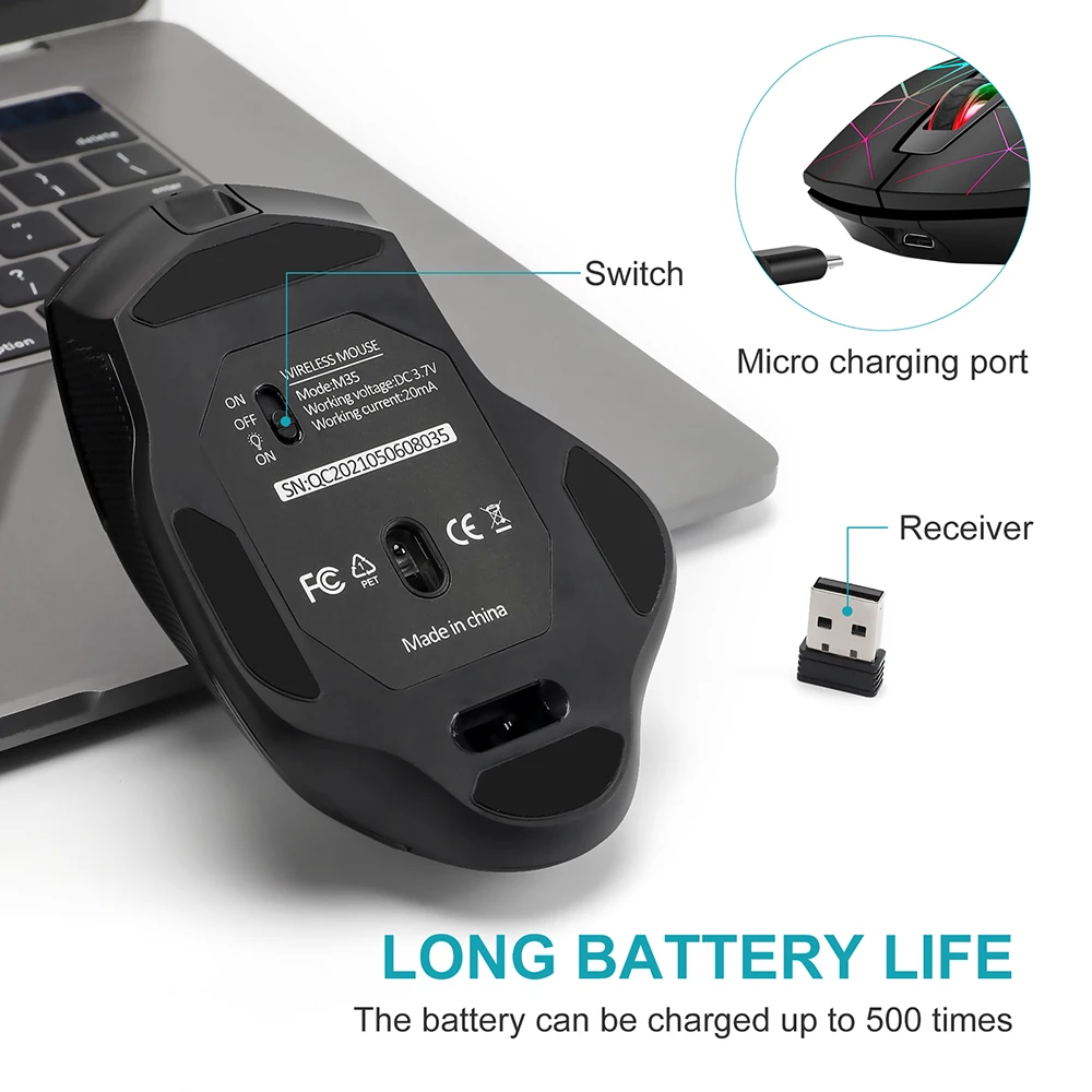 2.4GHz Wireless Mouse Charging Luminous USB Mouse Gamer RGB LED Office Quiet Portable For Tablet Phone PC Laptop 3200DPI