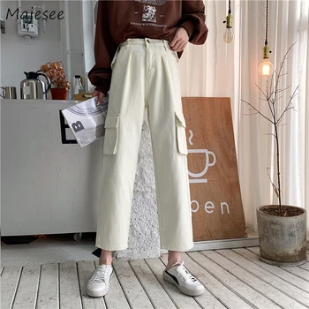

Pants Women Solid Cargo Denim Straight All-match BF Loose Harajuku Pocket Button High Waist Hip-Hop Korean Style Trousers Womens