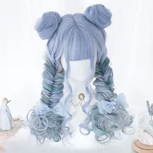 Косплей салон Лолита смешанный синий Омбре кудрявые Длинные Короткие Хэллоуин женские милые вечерние синтетический парик для косплея+ булочки