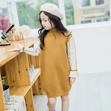 Осень-зима пуловер для девочек платье Повседневное свитер для маленьких девочек платье модный пэчворк, детское платье для девочек