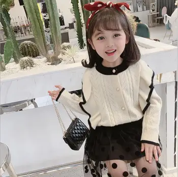 

spring girls beige ruffles knitted cardigan baby girls sweater kids top wholesale